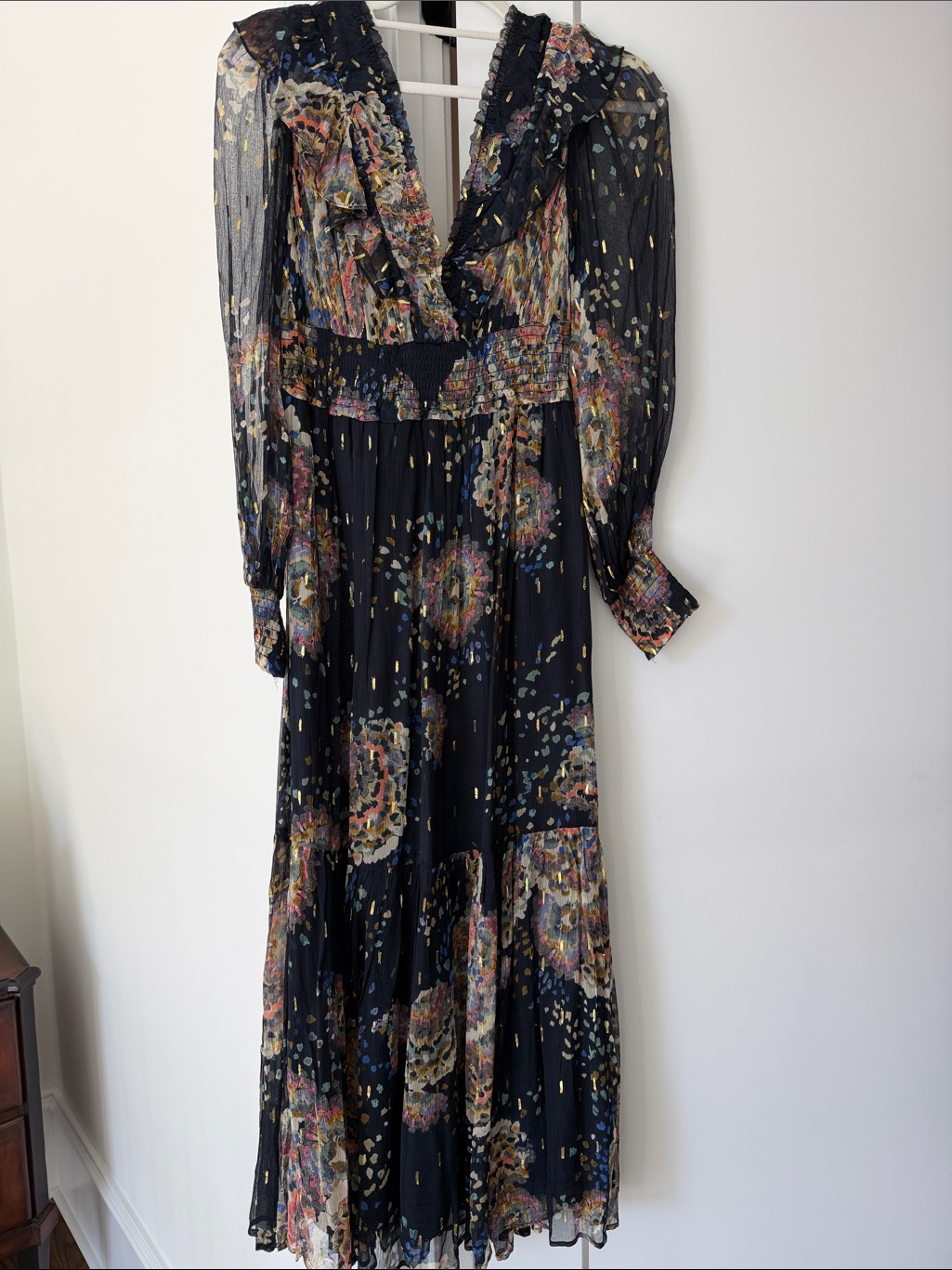 Anthropologie Long-Sleeved Navy Floral Maxi Dress Size Xs
